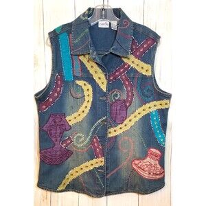 Chico's Women's Vest Denim Embroidered & Beaded Chico's Size 1 Unique Artsy
